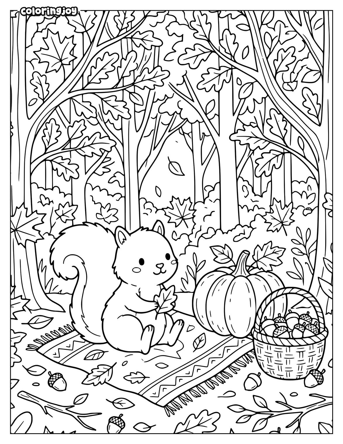 Squirrel Sitting Beside Pumpkin Coloring Page