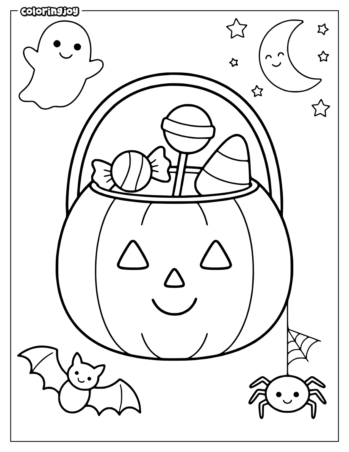 Smiling candy bucket holds treats for Halloween night.