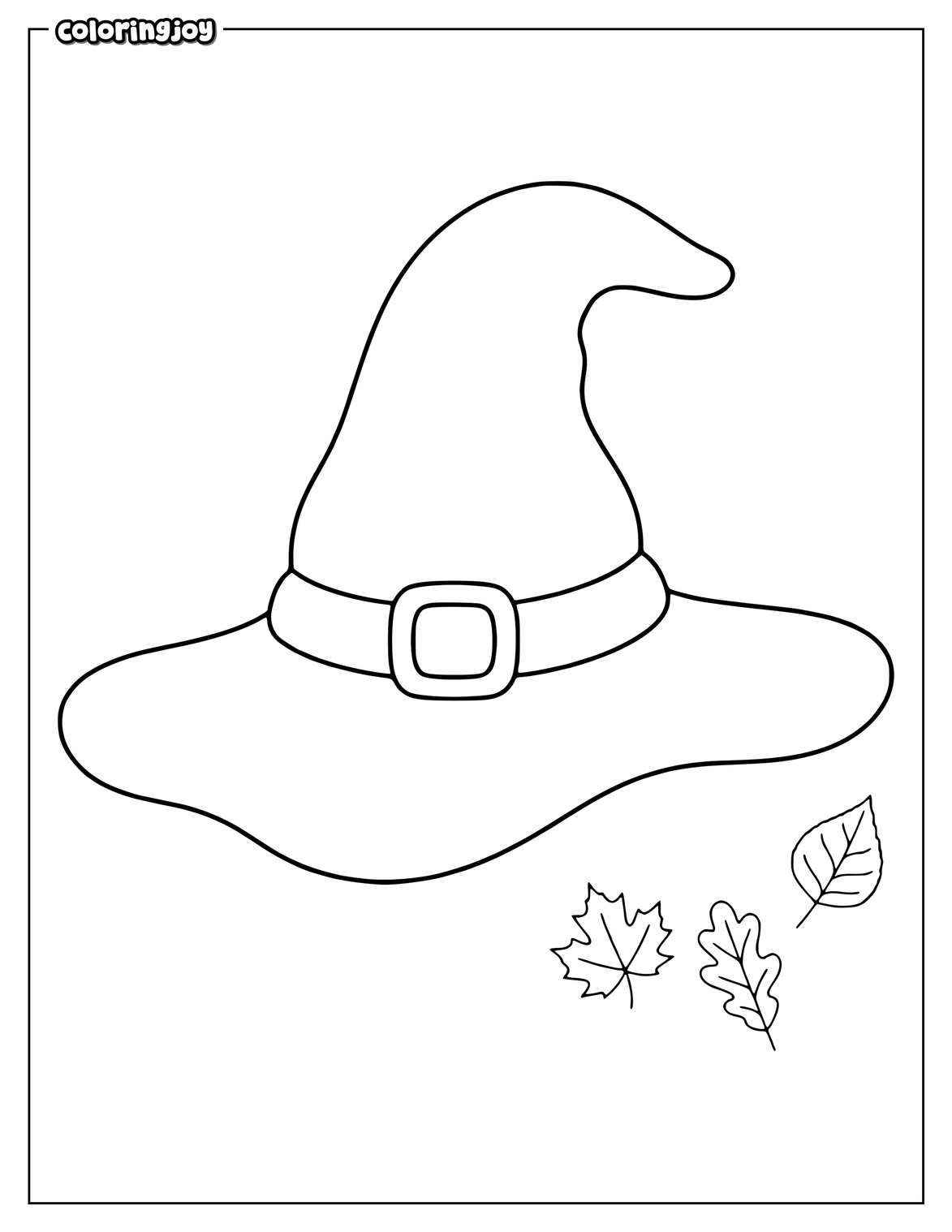 Curved witch hat sits beside three small Halloween leaves.