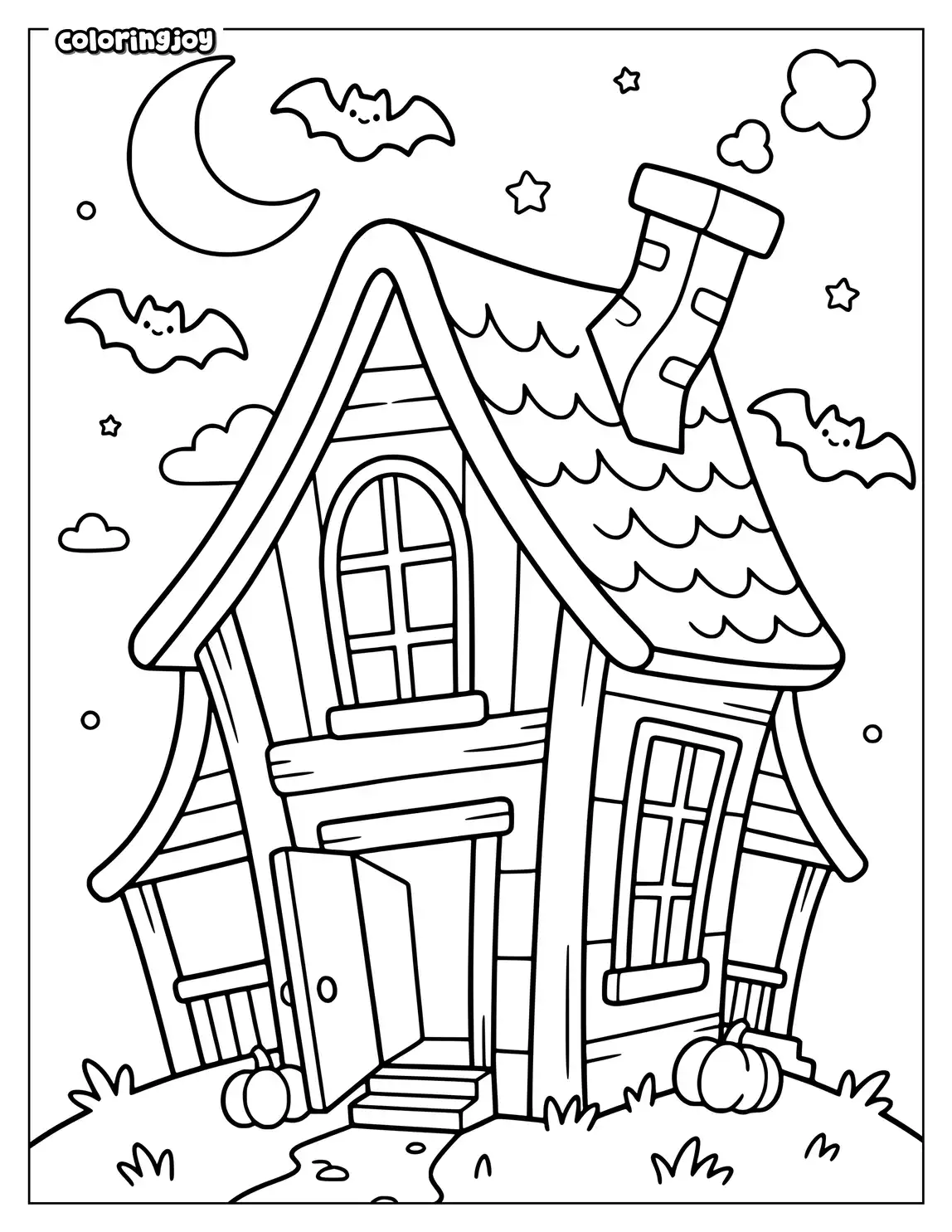 Crooked haunted house beneath a moon with bats flying overhead.