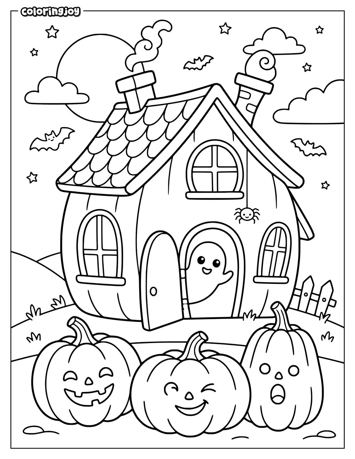 Cute haunted house surrounded by three large smiling pumpkins.
