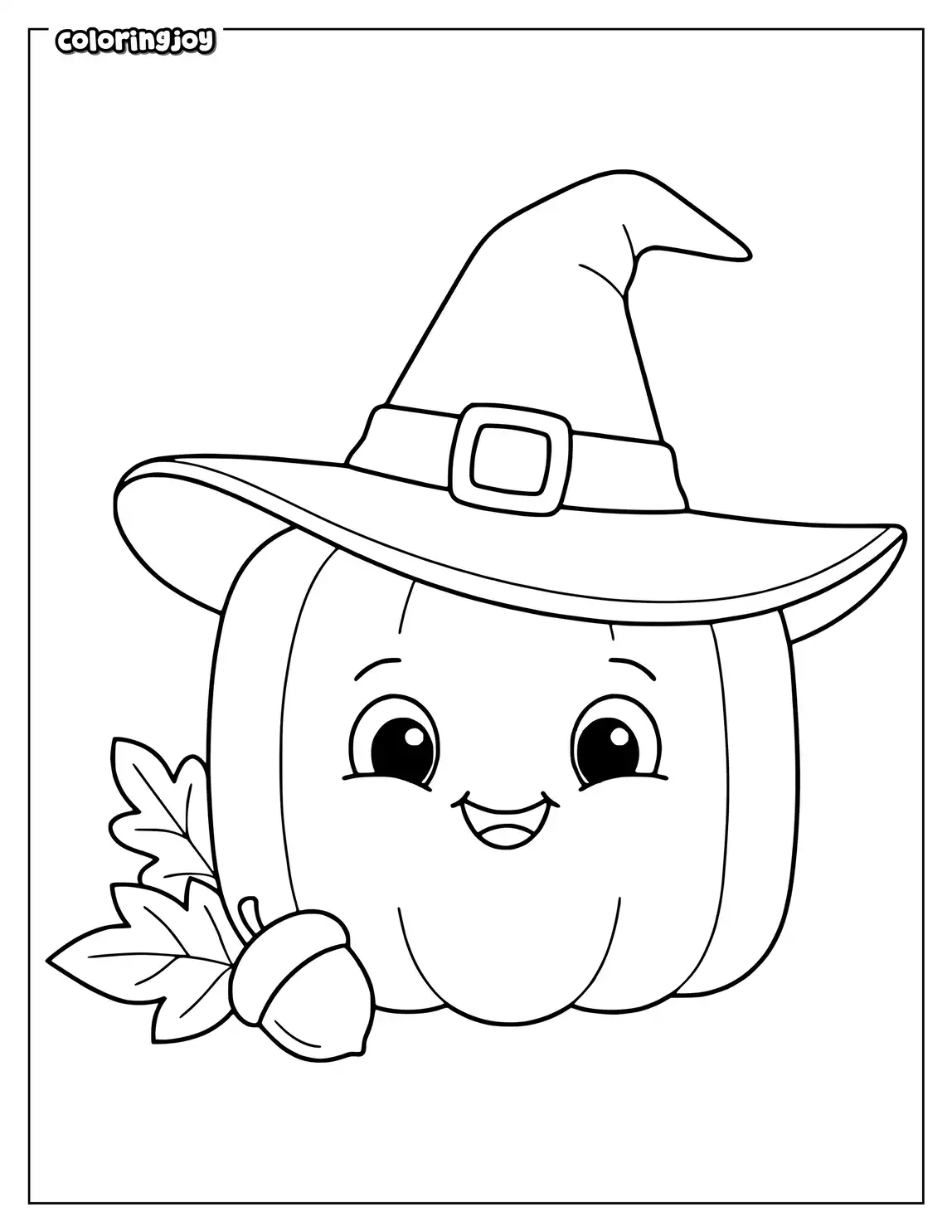 A square pumpkin smiles beside two fallen leaves and a little acorn.