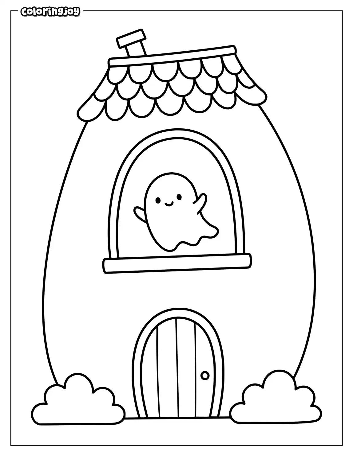 Ghost peeks through a large window of a crooked house.