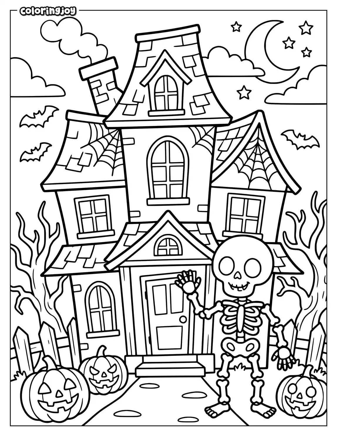 Friendly skeleton waves beside a house with crooked windows.