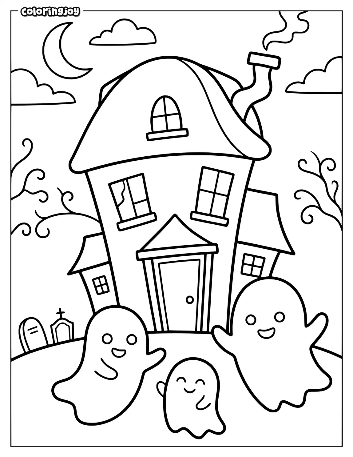 Three friendly ghosts stand outside a crooked haunted house.