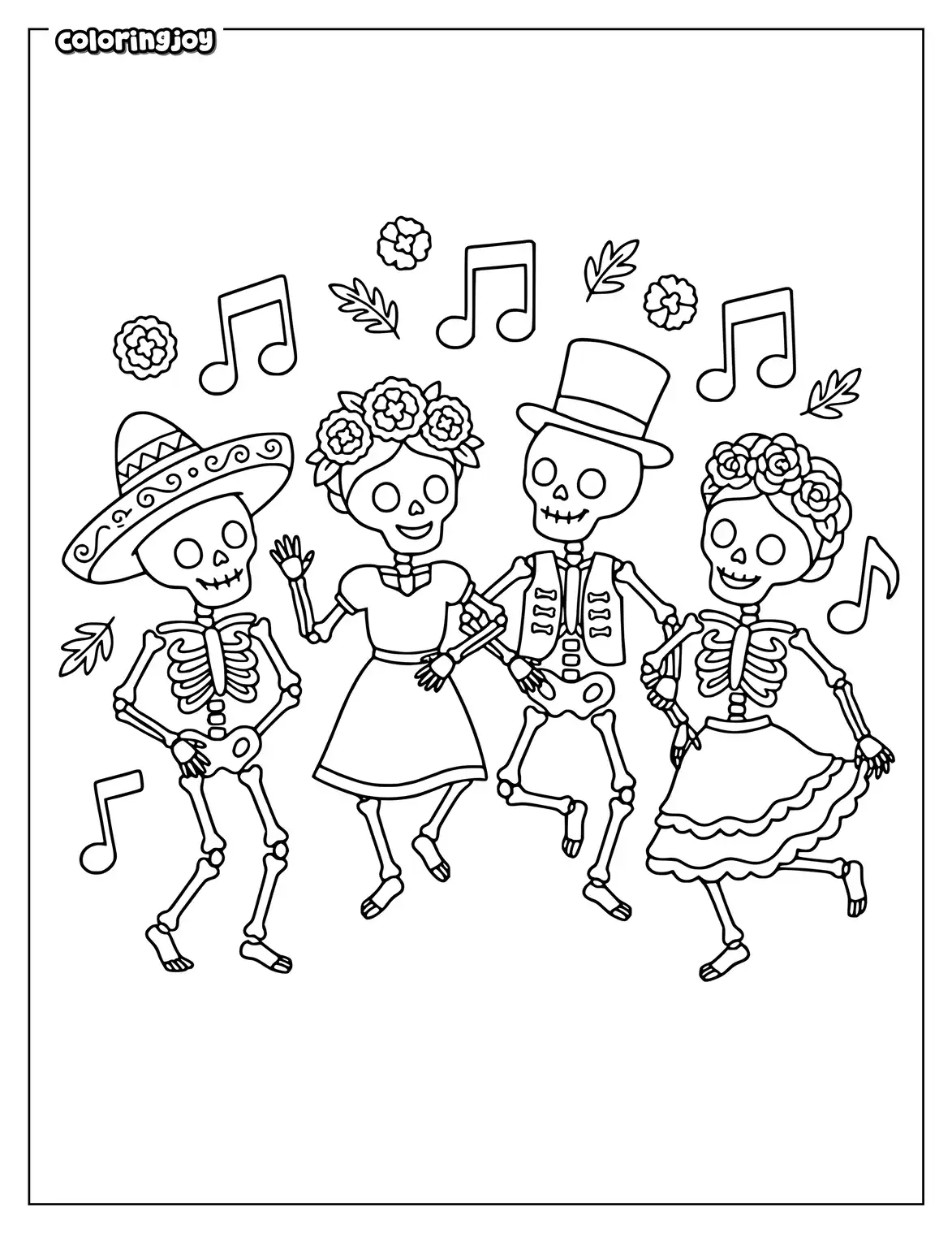 Four happy skeletons dance together with flowers hats and music notes.