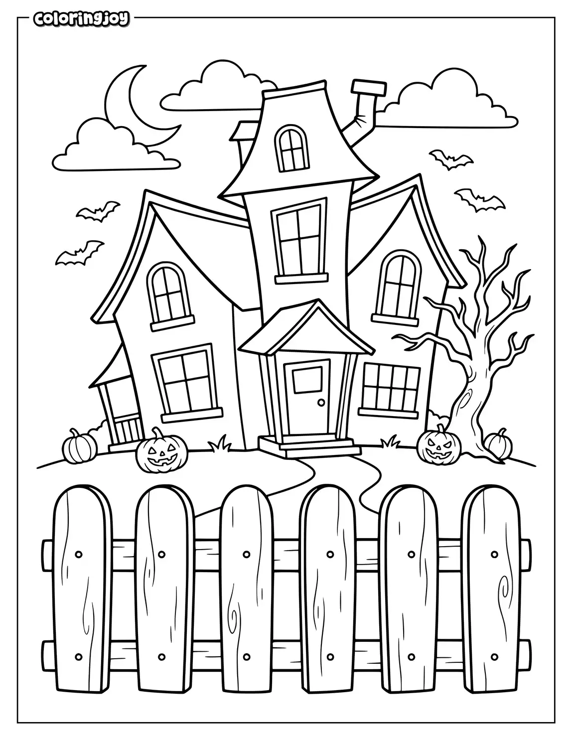 Crooked wooden fence stands before a spooky haunted house.