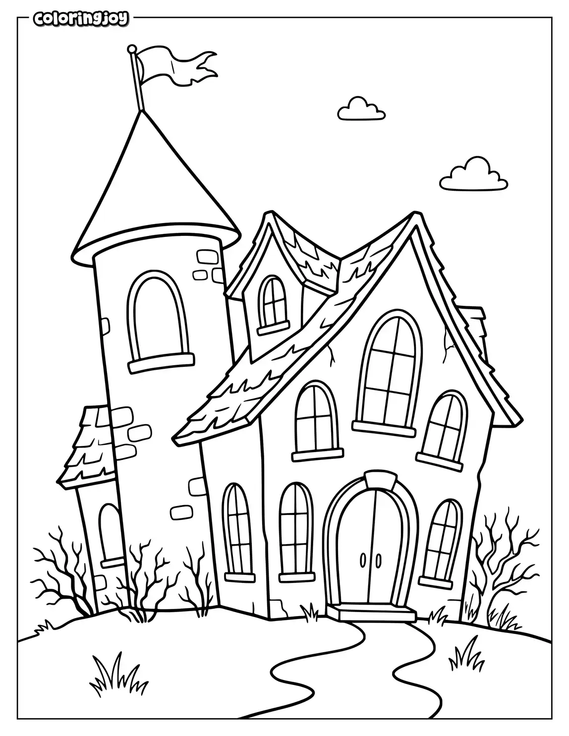 Curved staircase leads toward the door of a haunted house.
