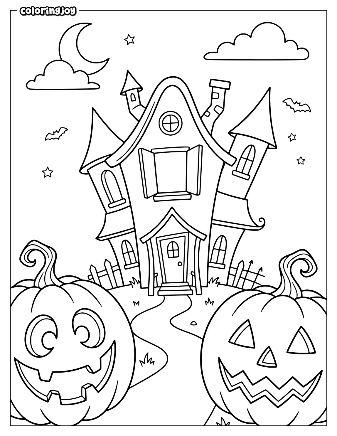 Three oversized bats fly above a crooked haunted house.