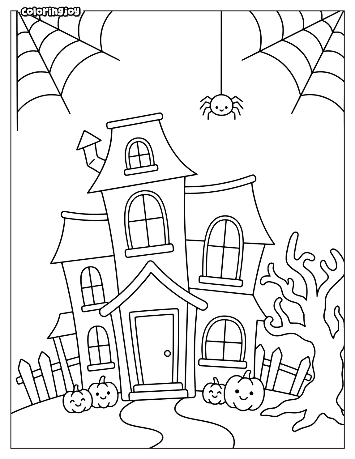 Haunted house features one giant door and crooked windows.