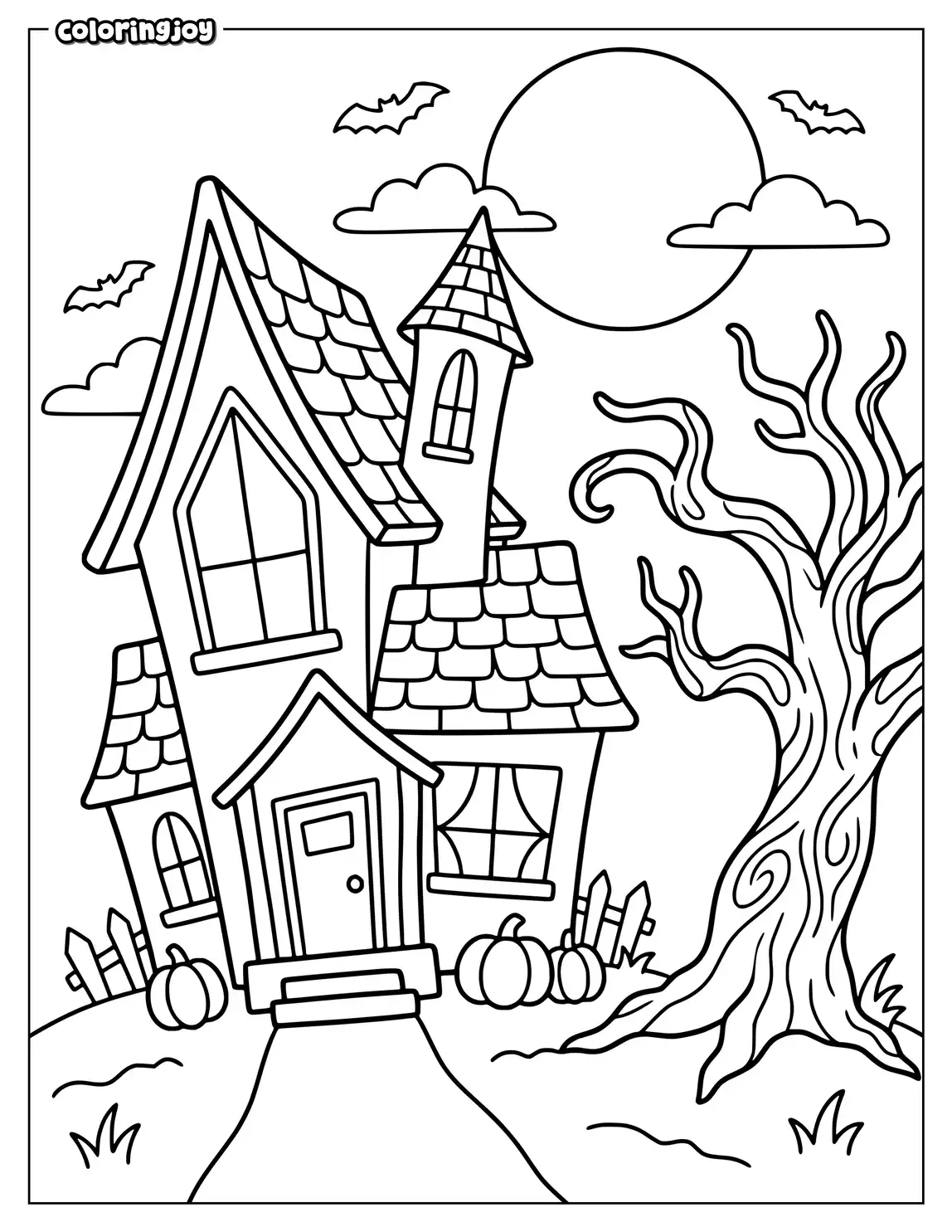 Twisted tree leans beside a house with tall windows.