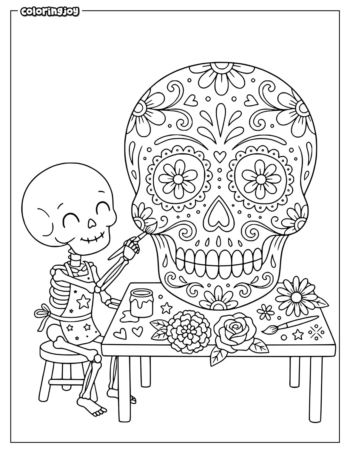 Little skeleton decorates a large sugar skull at a table.