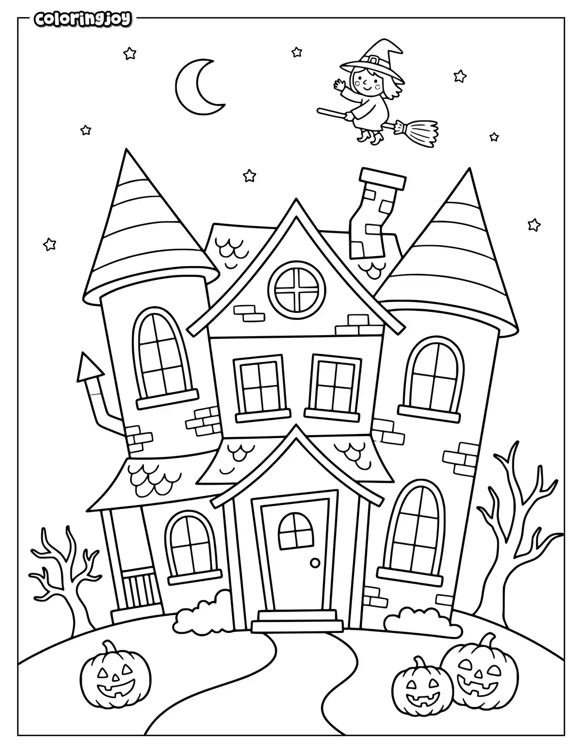 Little witch flies above a house with crooked towers.