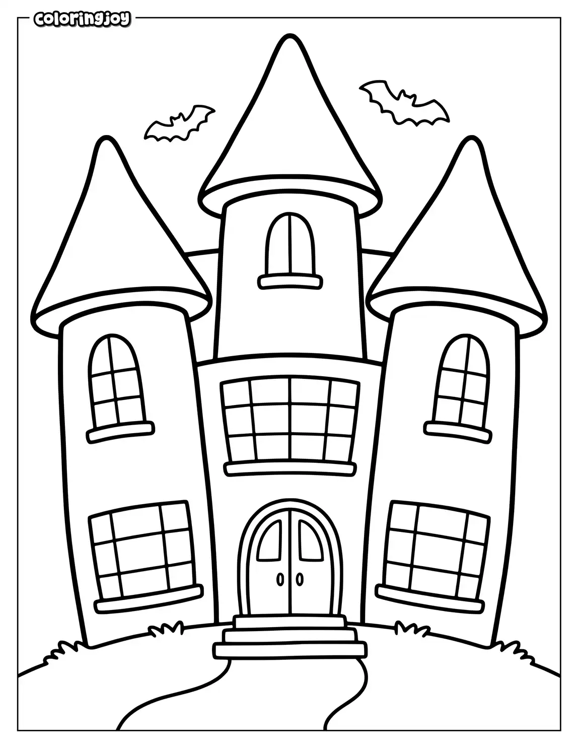 Haunted mansion with three tall towers and rounded windows.