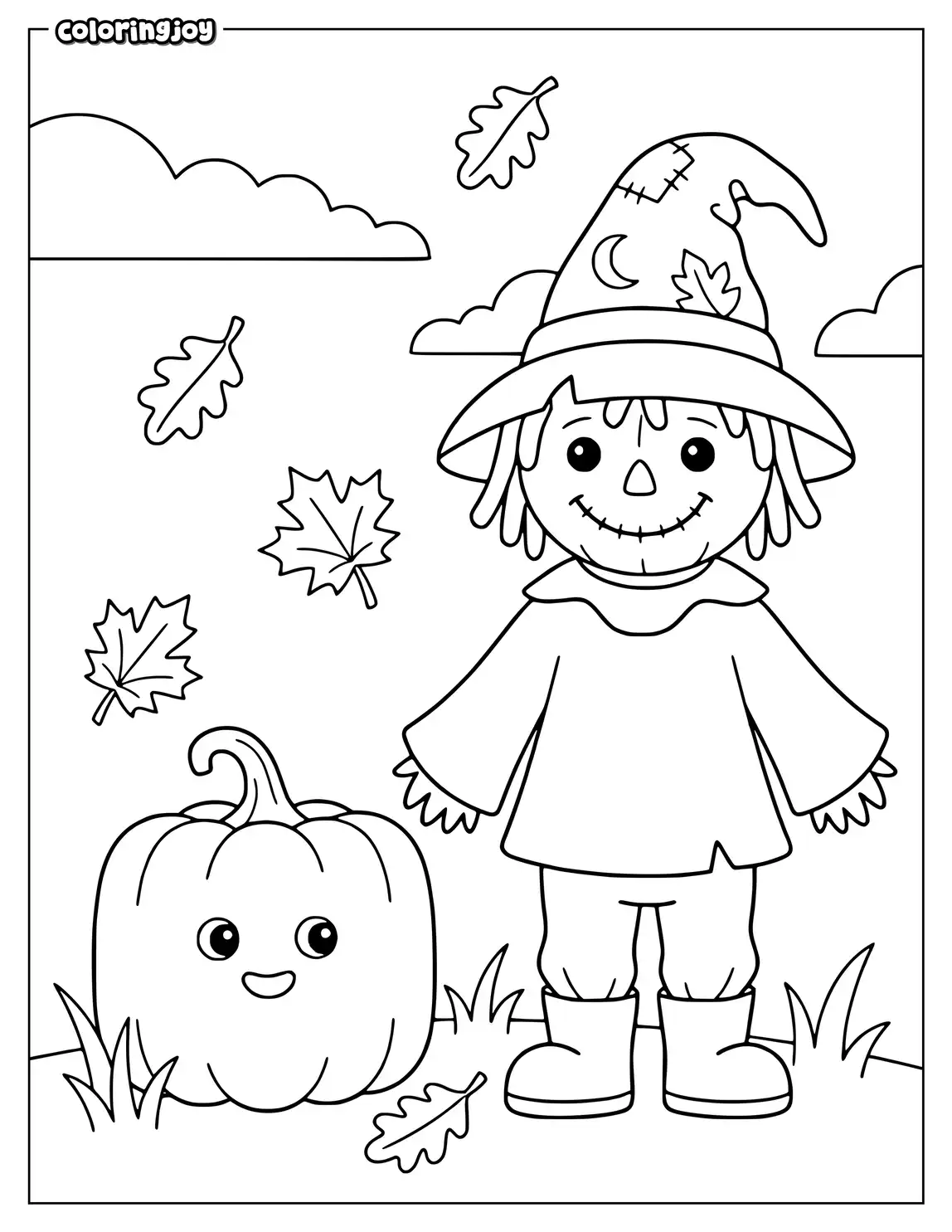 A square pumpkin sits beside a smiling scarecrow wearing a floppy hat.