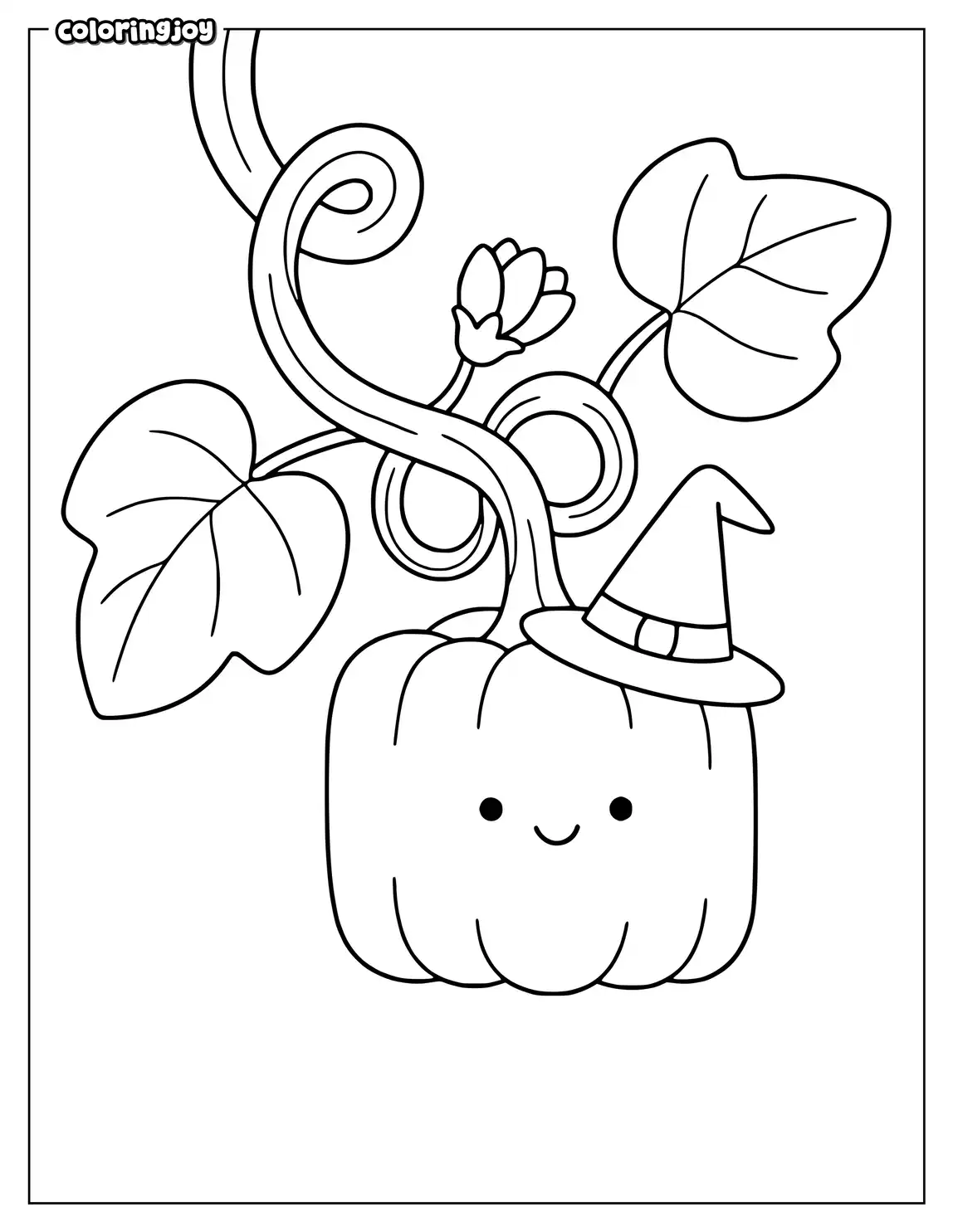 A square pumpkin grows on a curling vine with two large leaves.