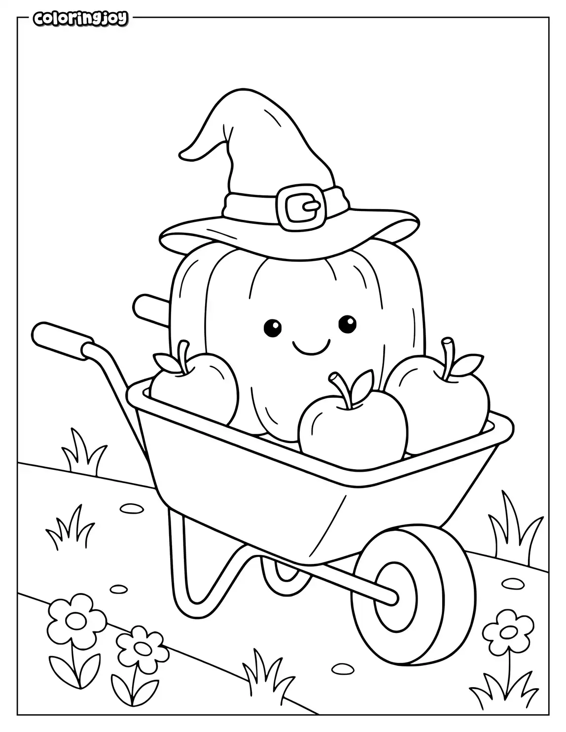 A square pumpkin rides in a wheelbarrow with three round apples.