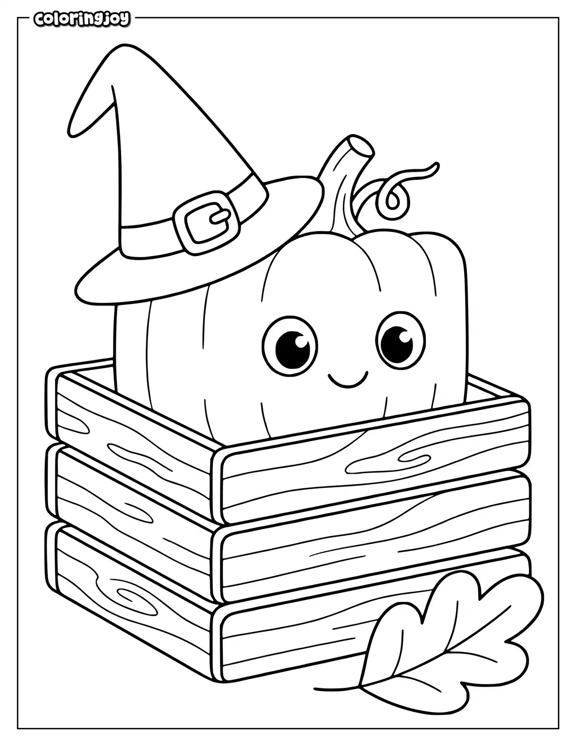A square pumpkin peeks over the edge of a wooden crate.