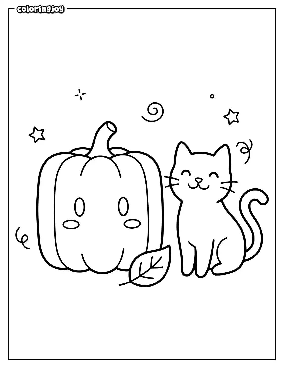 A square pumpkin meets a curious black cat with a curled tail.