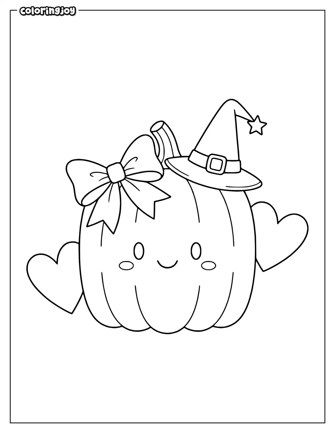 A square pumpkin wears a pretty bow as two hearts float nearby.