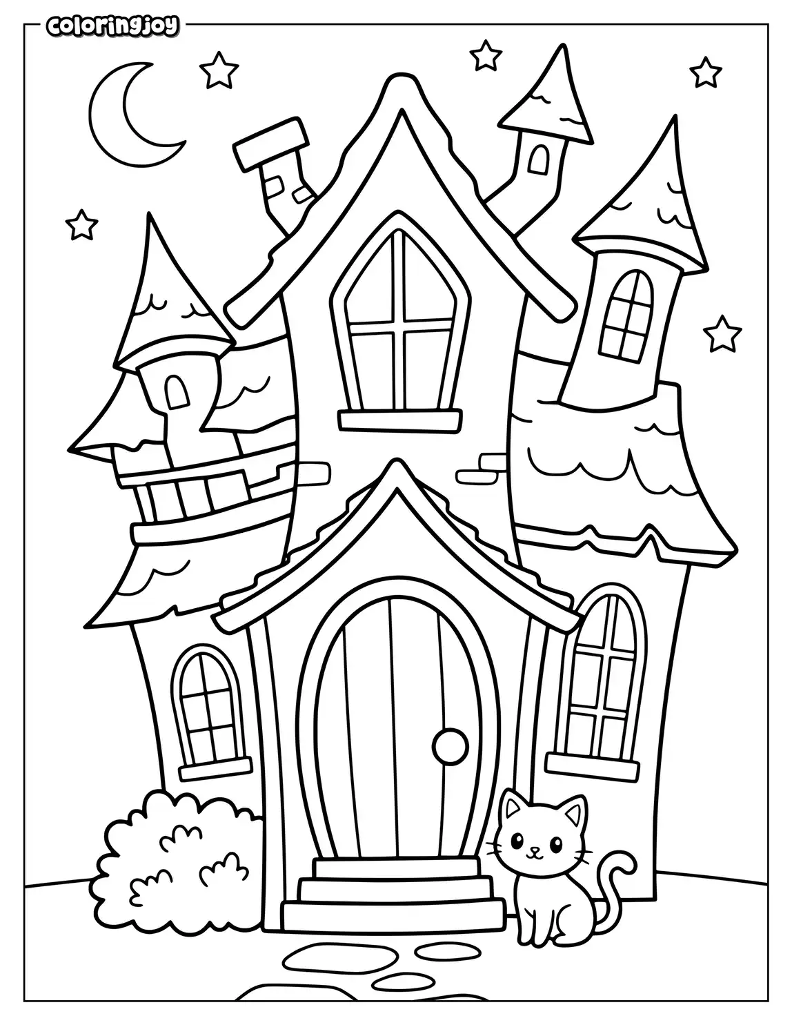 Black cat sits beside the entrance of a crooked house.