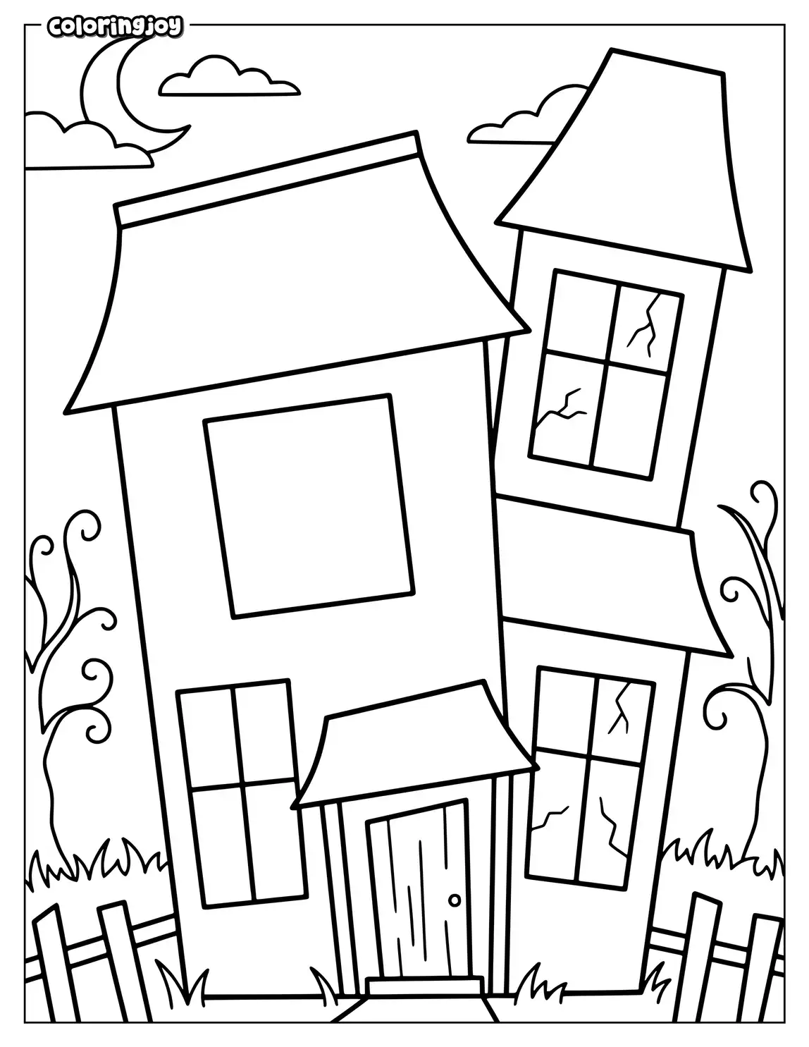Old haunted house has cracked windows and crooked roof tiles.