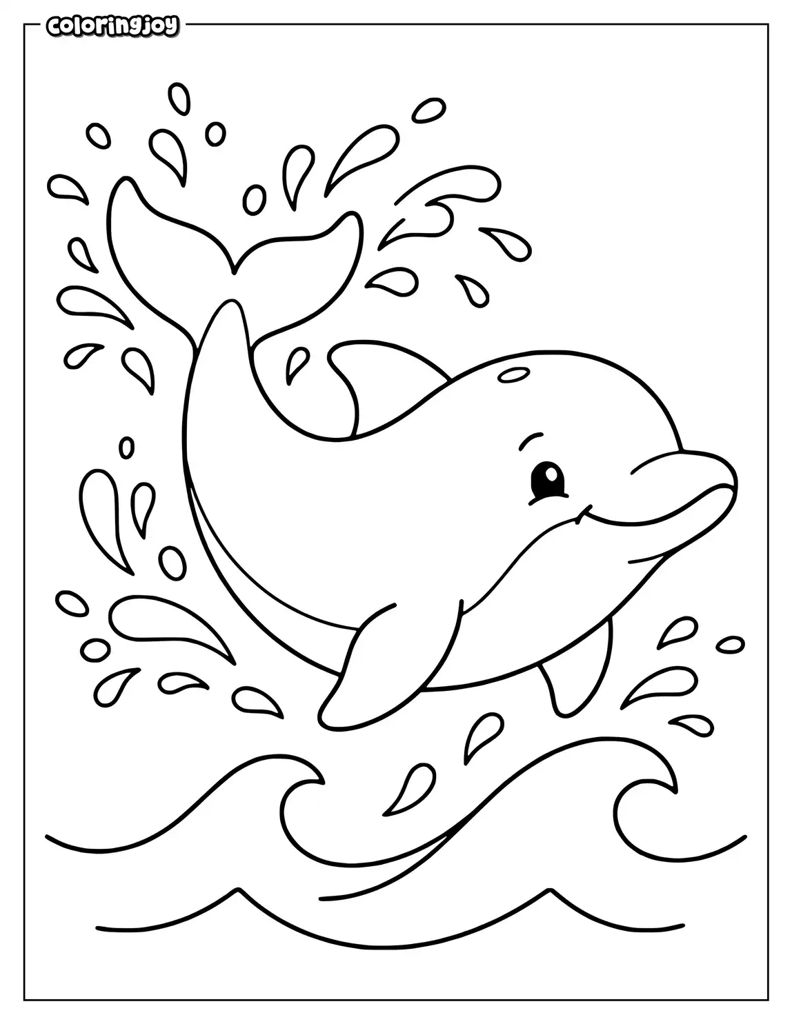A baby dolphin splashes water with its tail above waves.