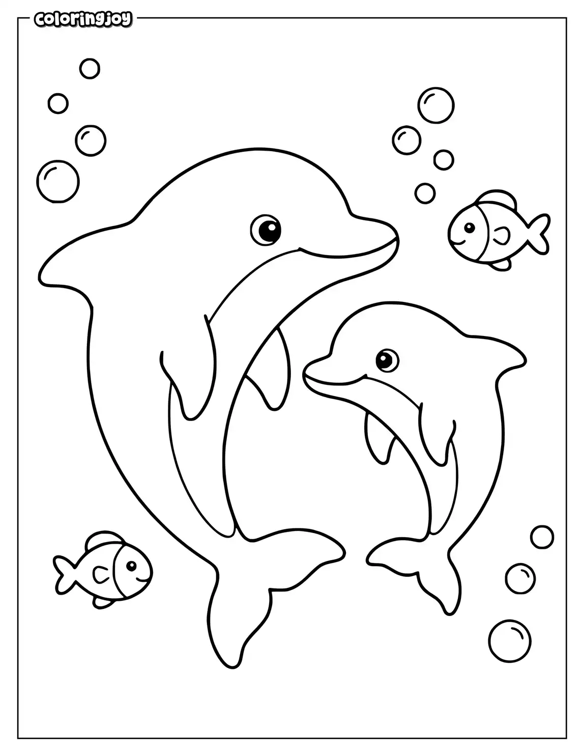 A baby dolphin swims beside its mother among bubbles underwater.