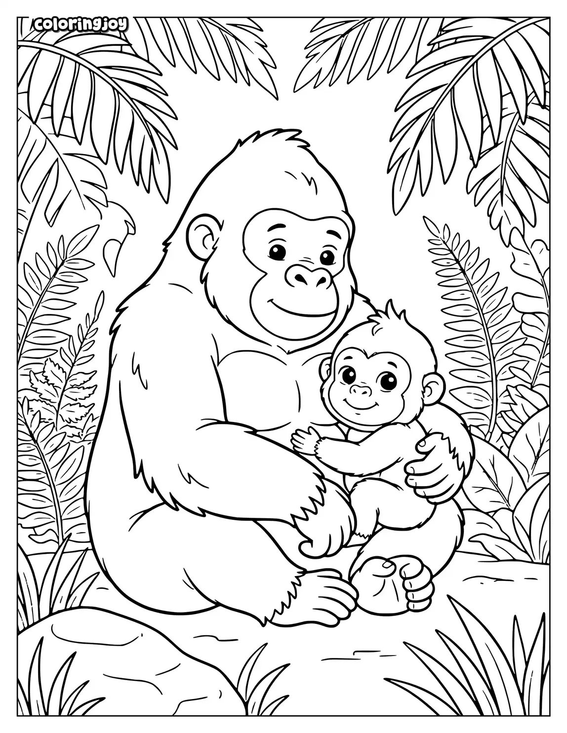 Baby gorilla sitting beside mother gorilla under large jungle leaves.