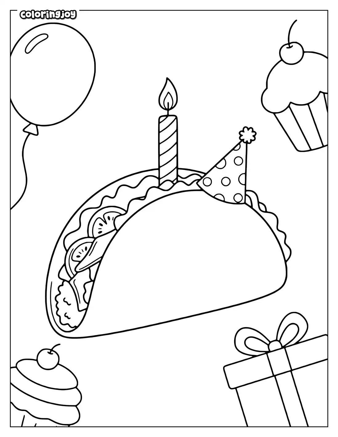 Taco with birthday candle, frosting swirls, and a party hat.