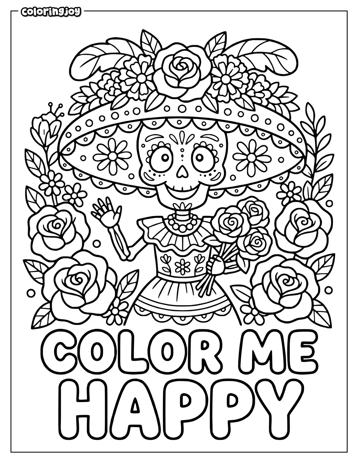 Happy Catrina wears floral hat above large outlined Color Me Happy lettering.