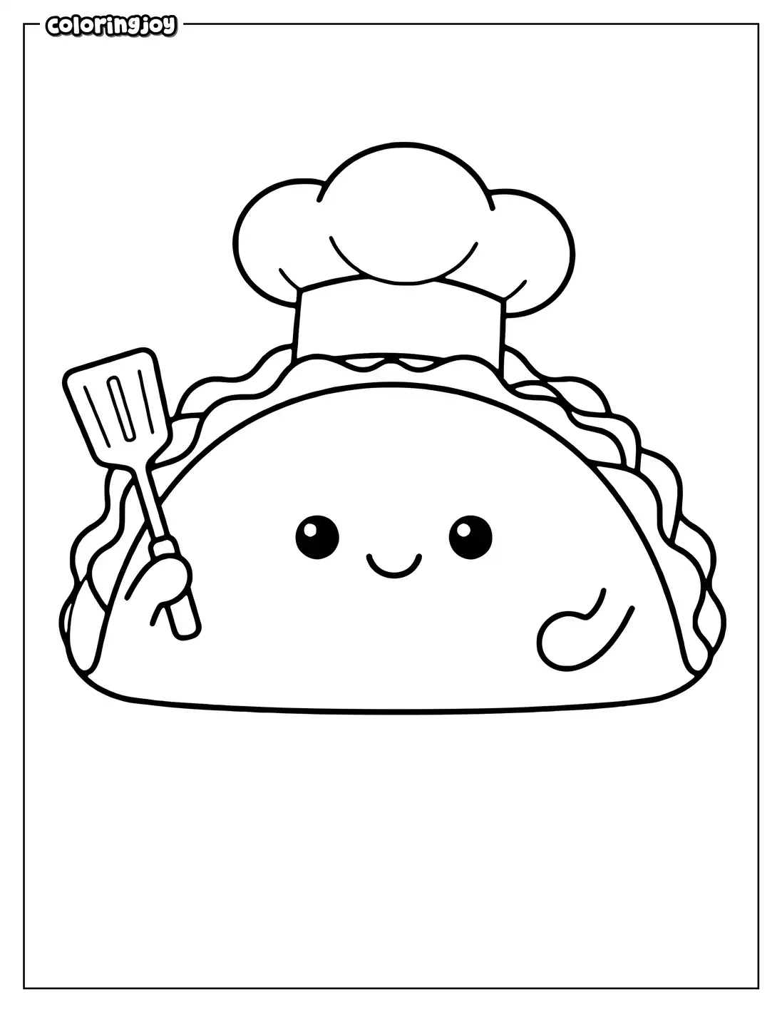 Smiling taco character wearing a chef hat and holding spatula.