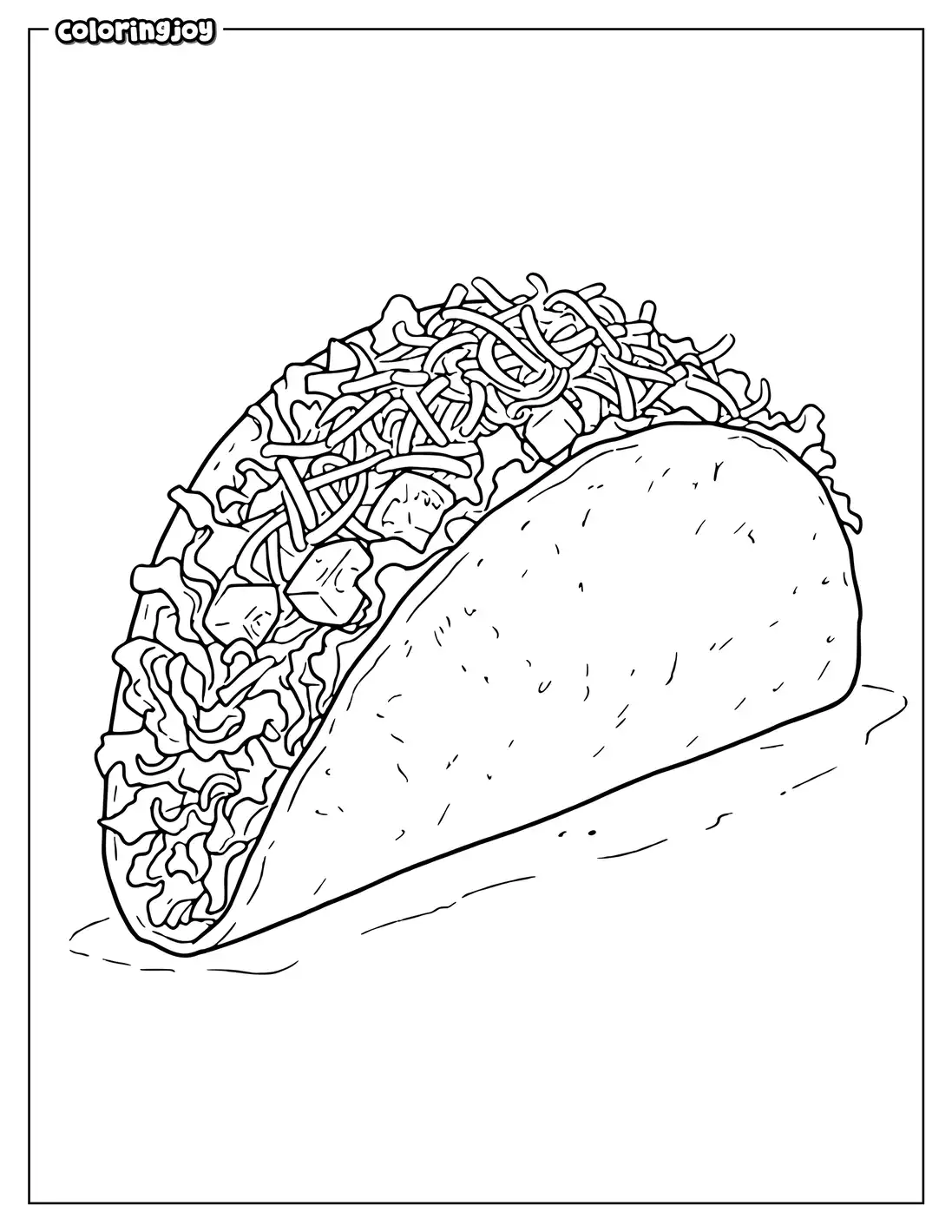 Single crunchy taco with lettuce, tomato, and cheese outline drawing.