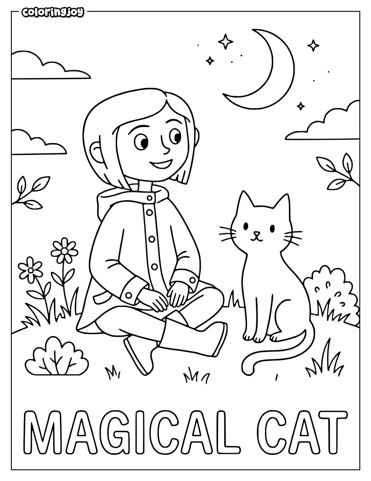 Coraline sits beside her black cat. They relax together in the garden.