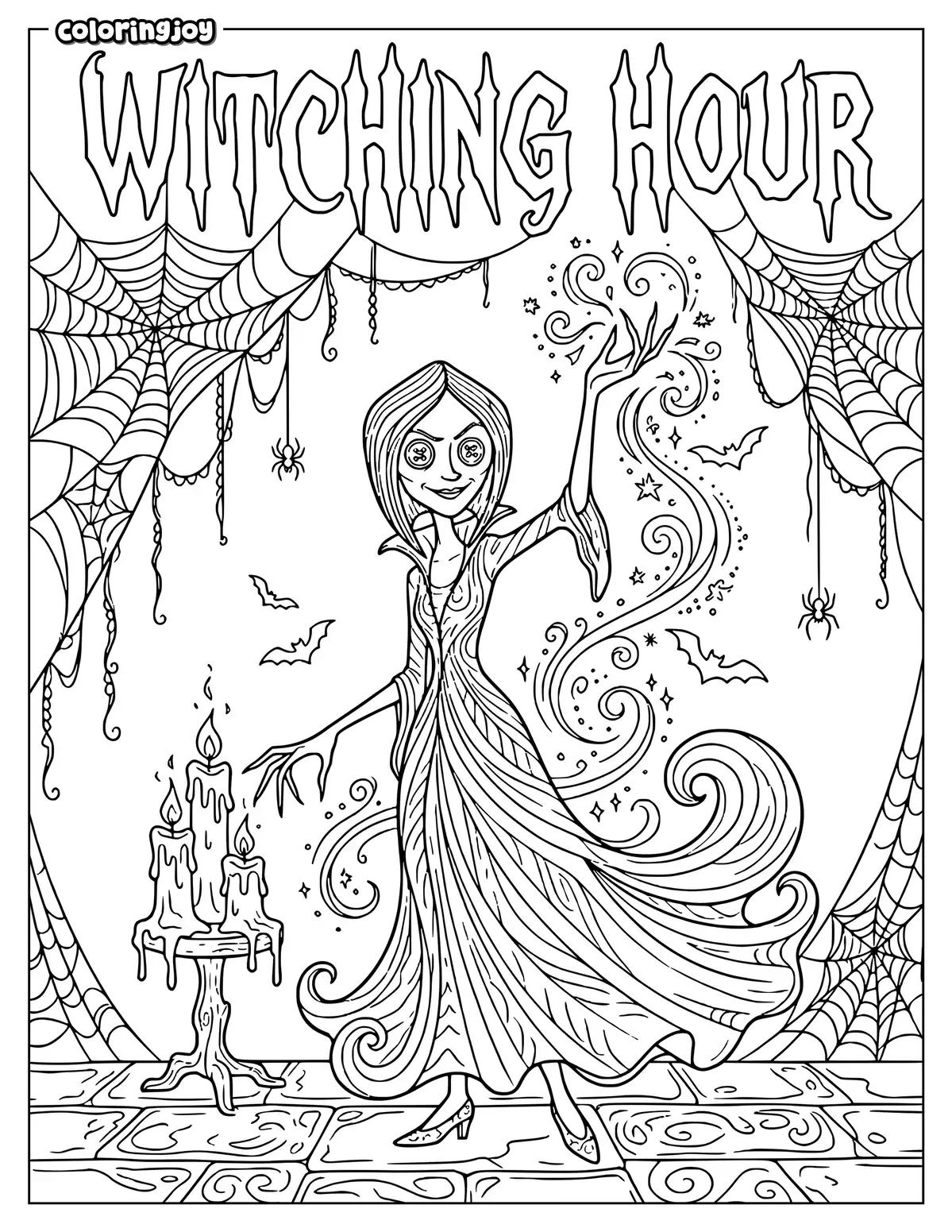The Other Mother casts a spell near candles and spiderwebs.