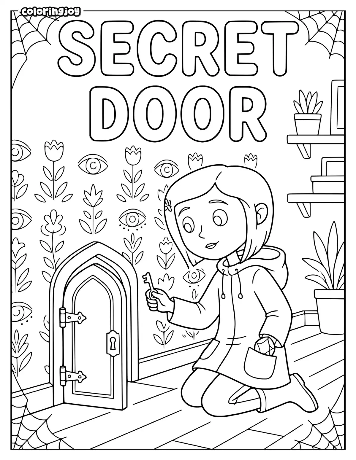 Coraline opens a tiny door hidden in the wall.