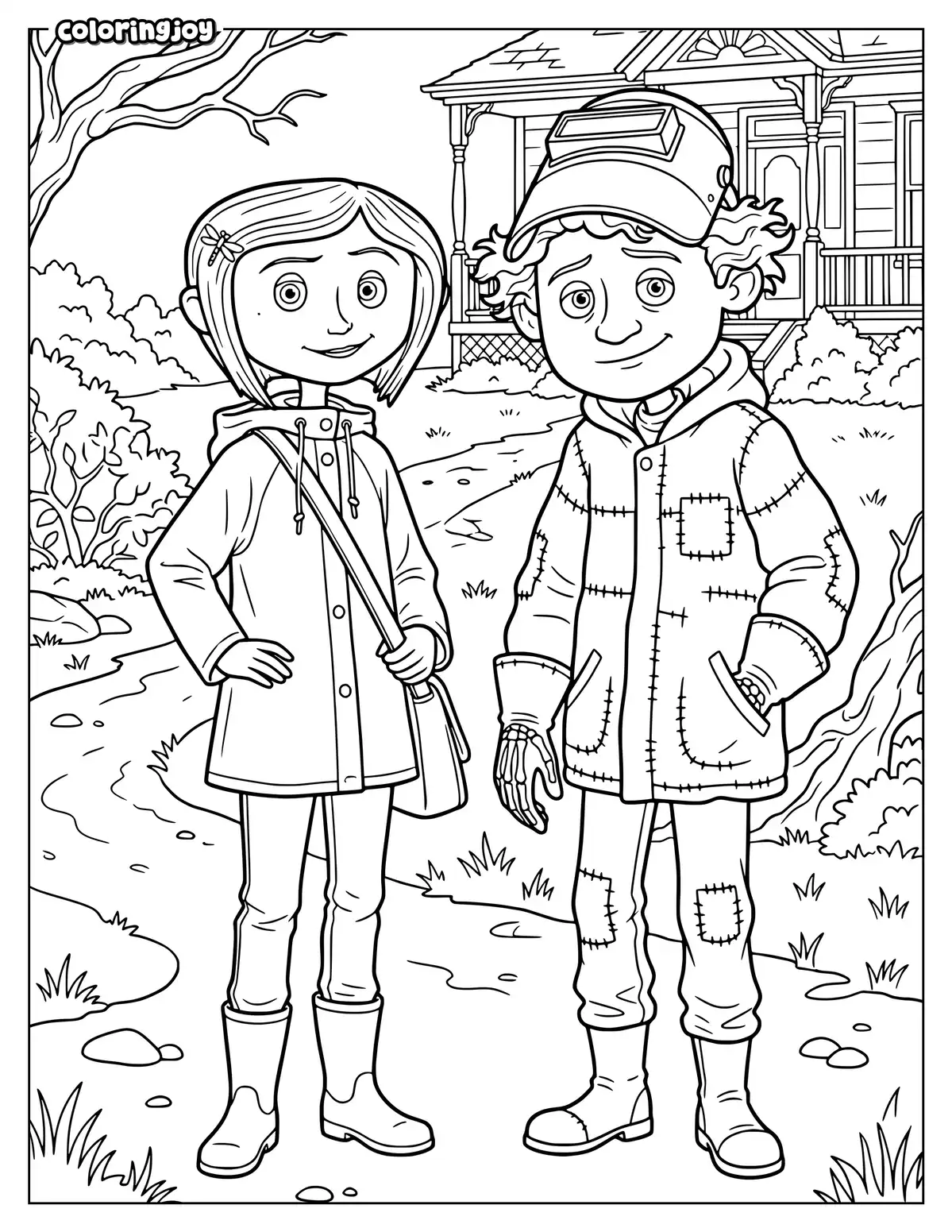Coraline stands beside Wybie in his striped clothes. They both face forward.