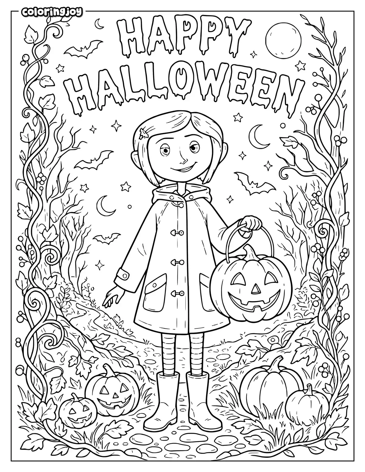 Coraline holds a pumpkin lantern while bats fly around her.