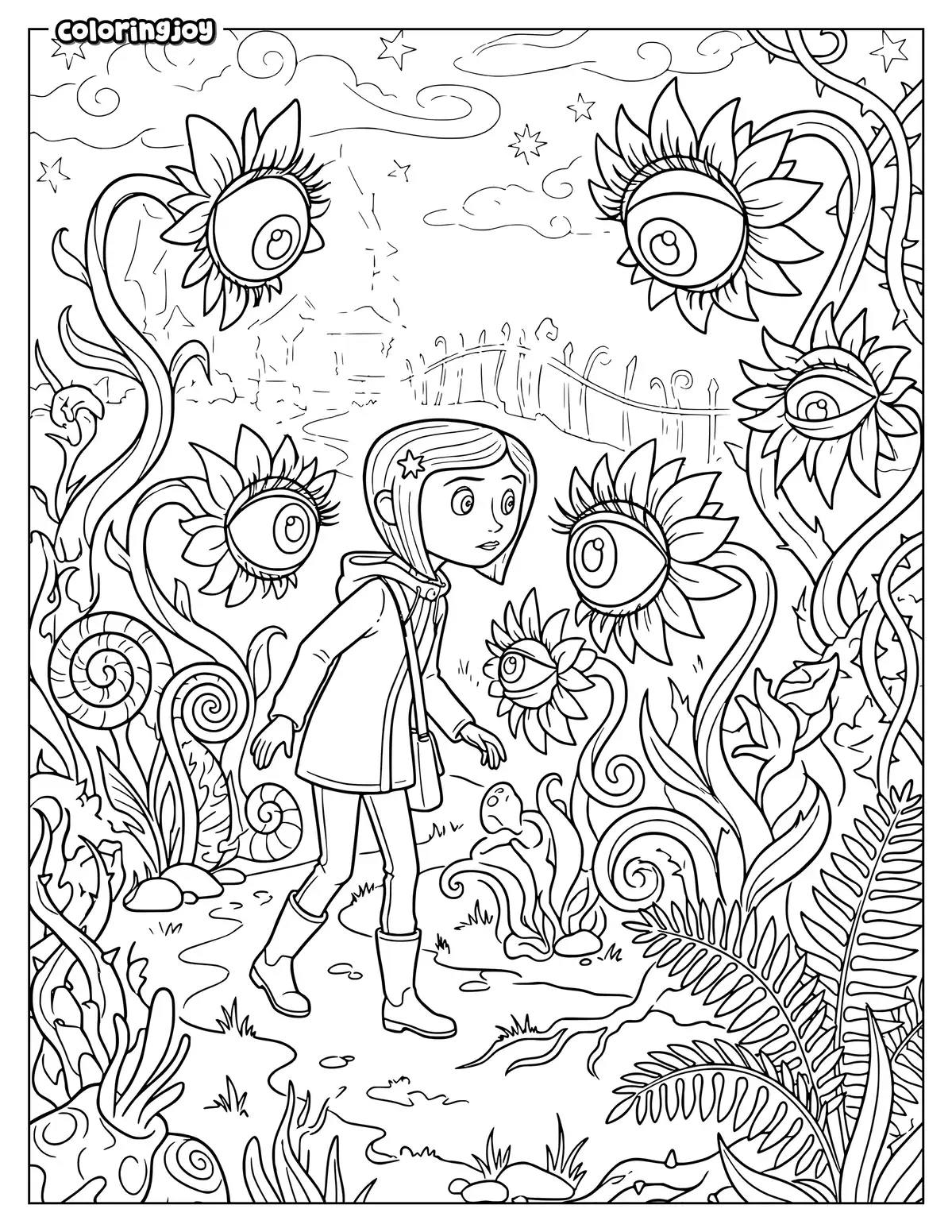 Coraline in the Other Mother's Garden to Color