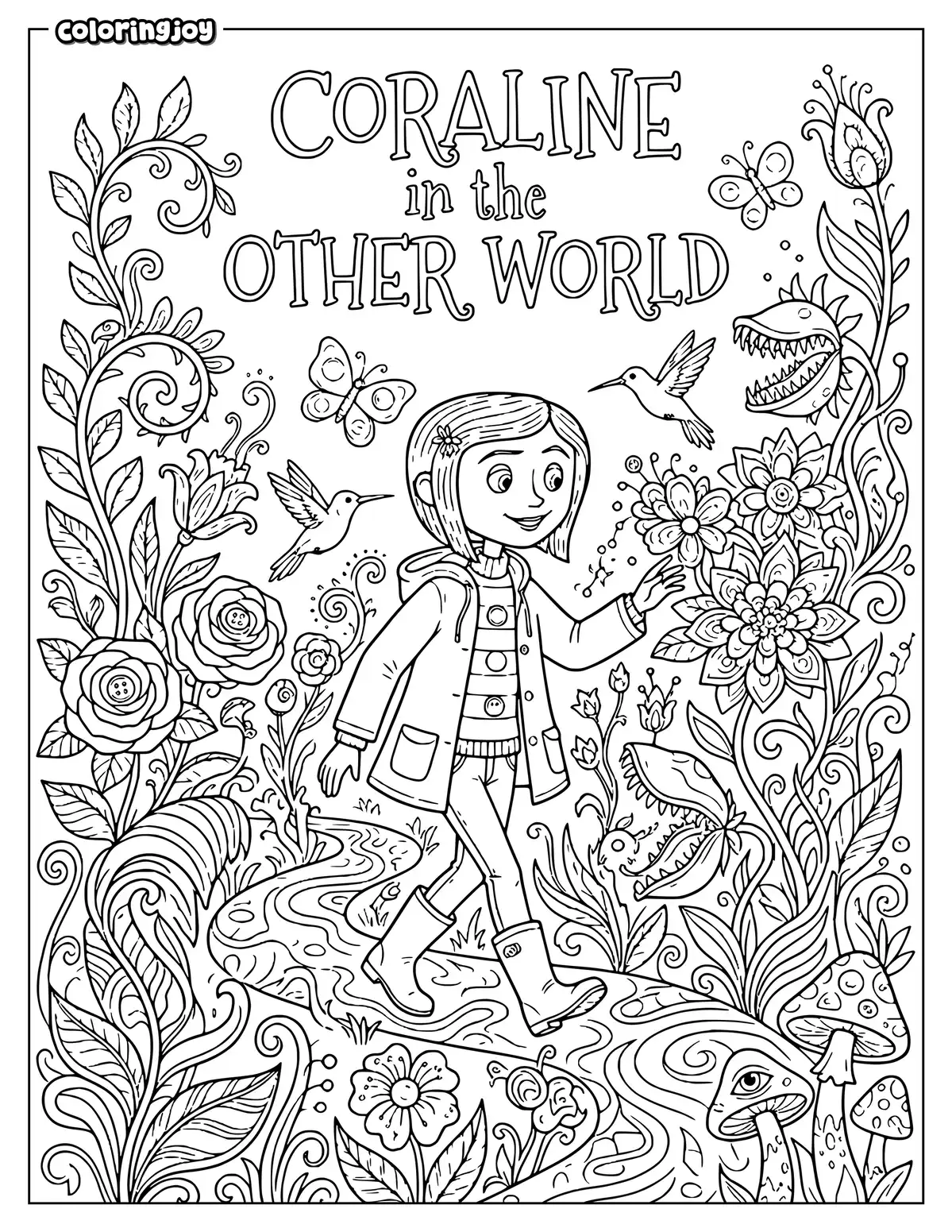 Coraline explores a garden full of strange flowers.