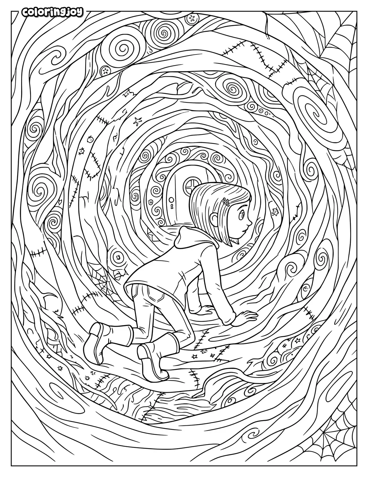 Coraline in the Spooky Tunnel Coloring Page