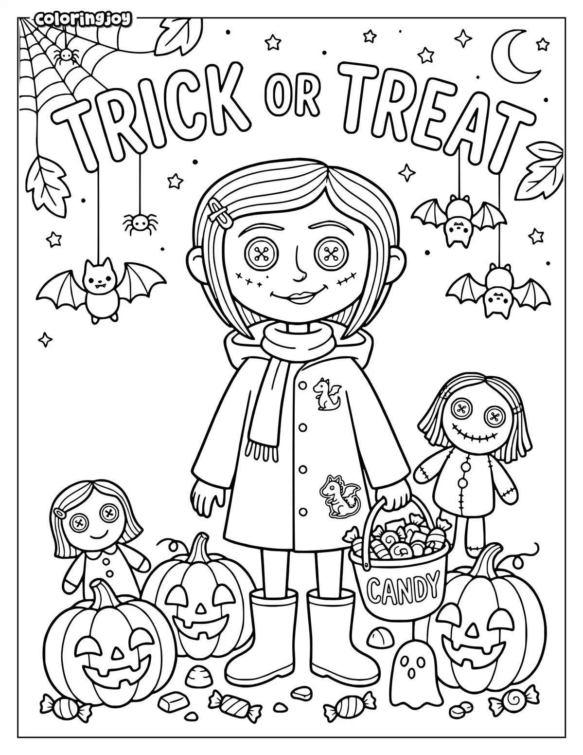 Coraline carries a bucket of candy beside button-eyed dolls and Halloween pumpkins.