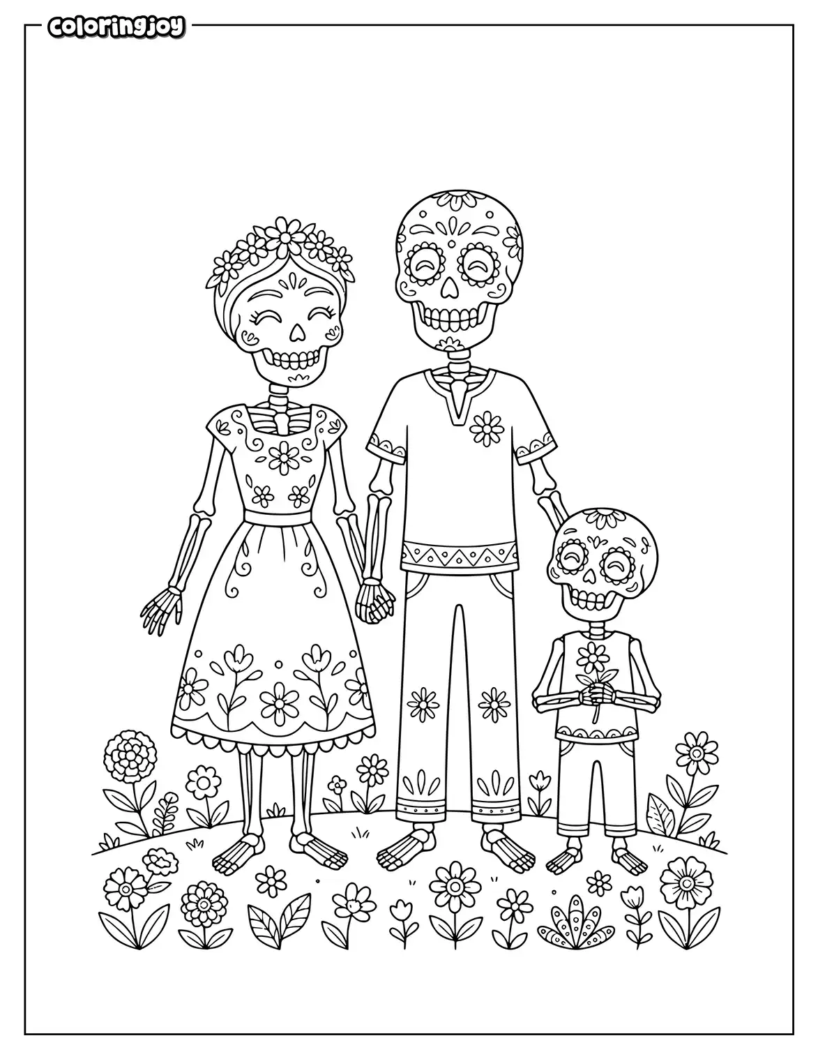 Skeleton family stands together with flowers and friendly smiling faces.