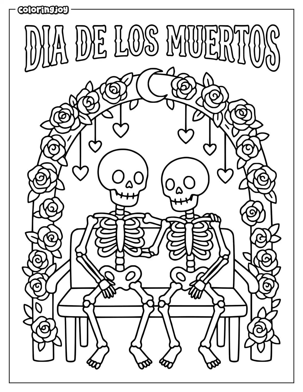 Two Skeleton Sweethearts Sitting Together to Color