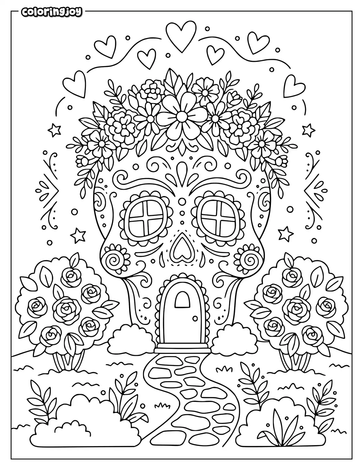 Whimsical sugar skull house features flower roof windows and garden.