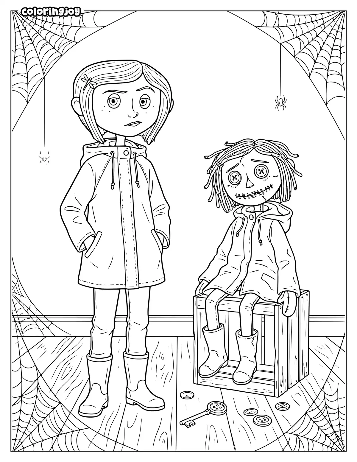 Creepy Coraline and Button Eyes Coloring Page