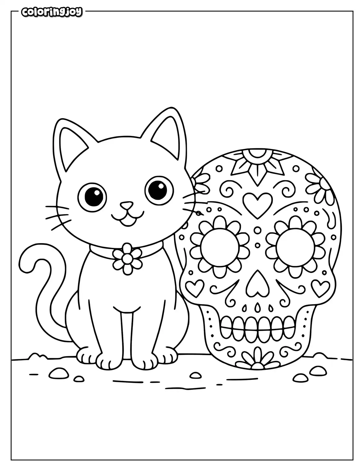Cute cat sits beside a floral sugar skull with hearts.
