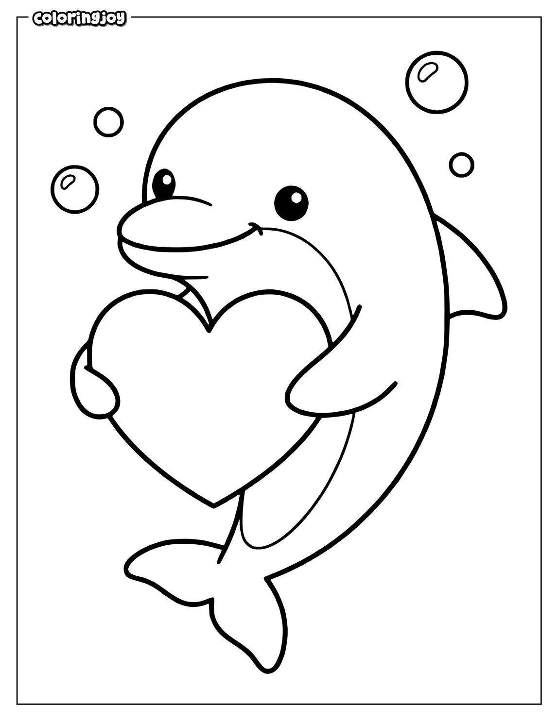 A smiling dolphin holds a heart while bubbles float nearby.