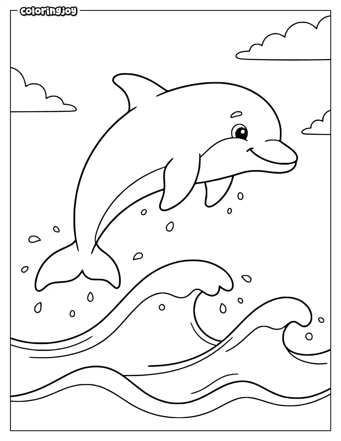 A smiling dolphin leaps above ocean waves with tiny splashes.