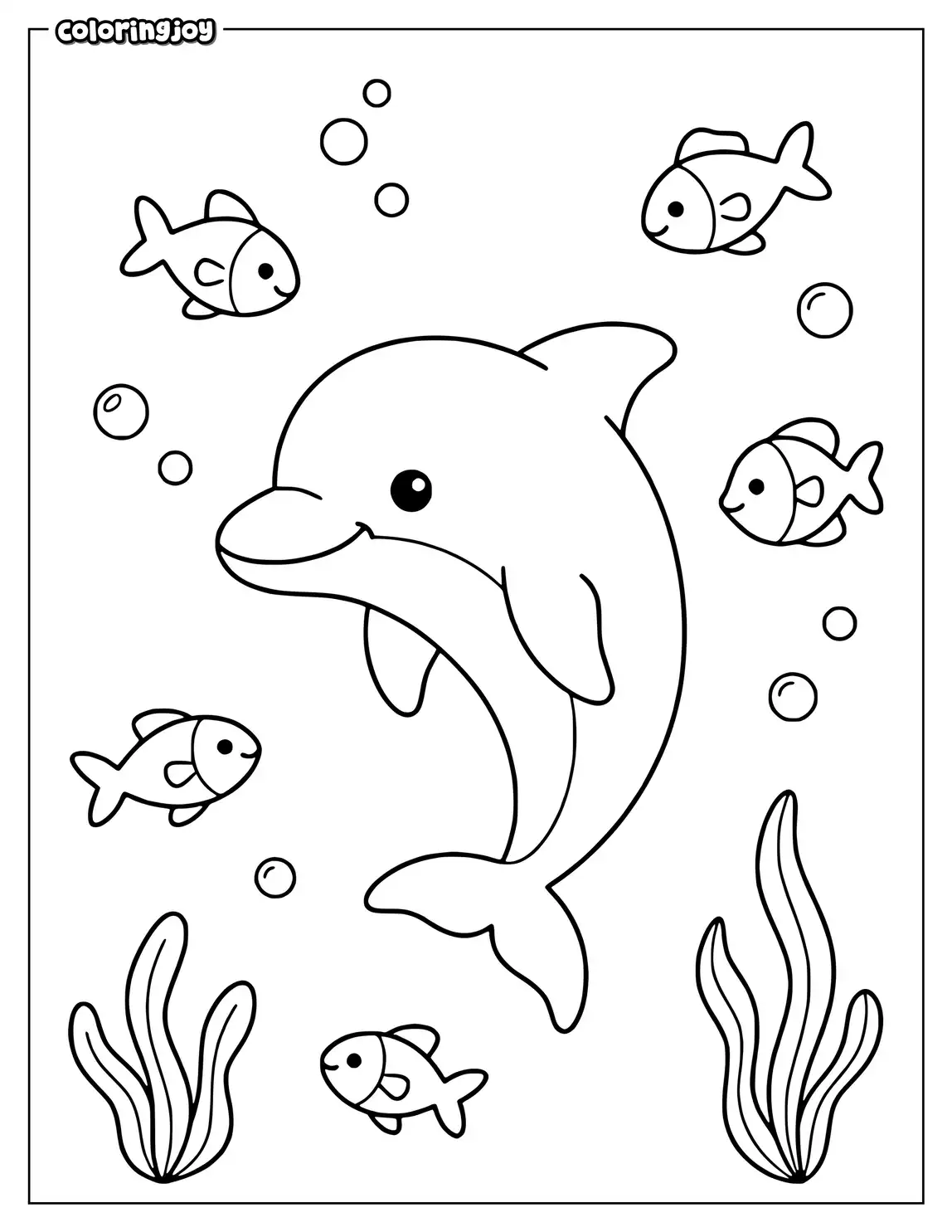 A smiling dolphin swims among five little fish and bubbles.